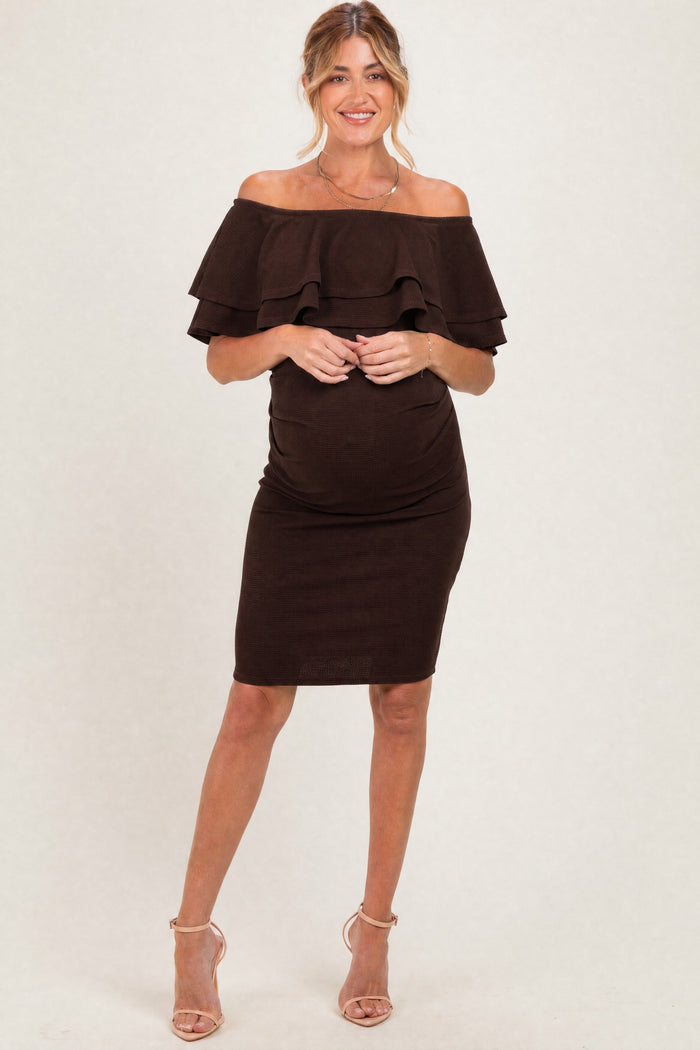 Brown Off Shoulder Ruched Maternity Dress