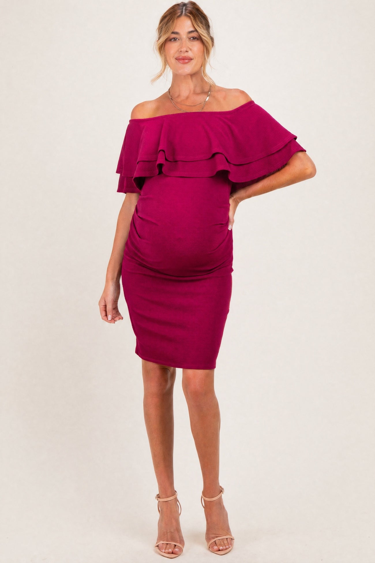 Magenta Off Shoulder Ruched Maternity Dress