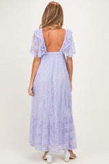 maternity wear lavender lace maxi dress with ruffled sleeves and a low back, styled without a model