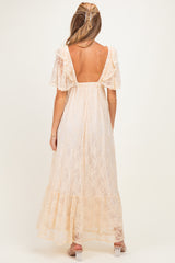 Beige Lace Flutter Sleeve Tiered Maternity Maxi Dress