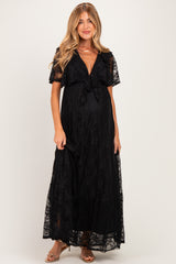Black Lace Flutter Sleeve Tiered Maternity Maxi Dress