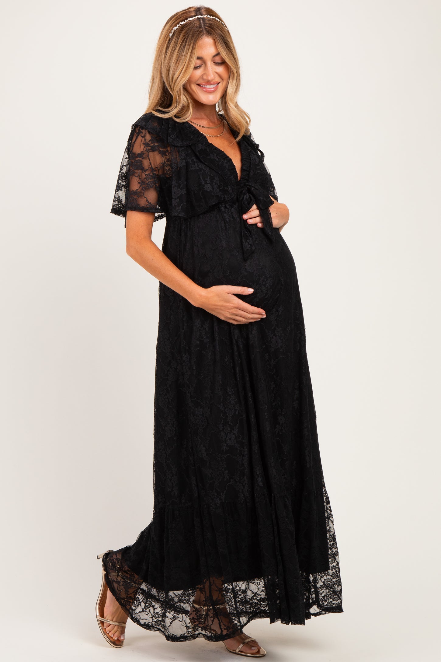 Black Lace Flutter Sleeve Tiered Maternity Maxi Dress