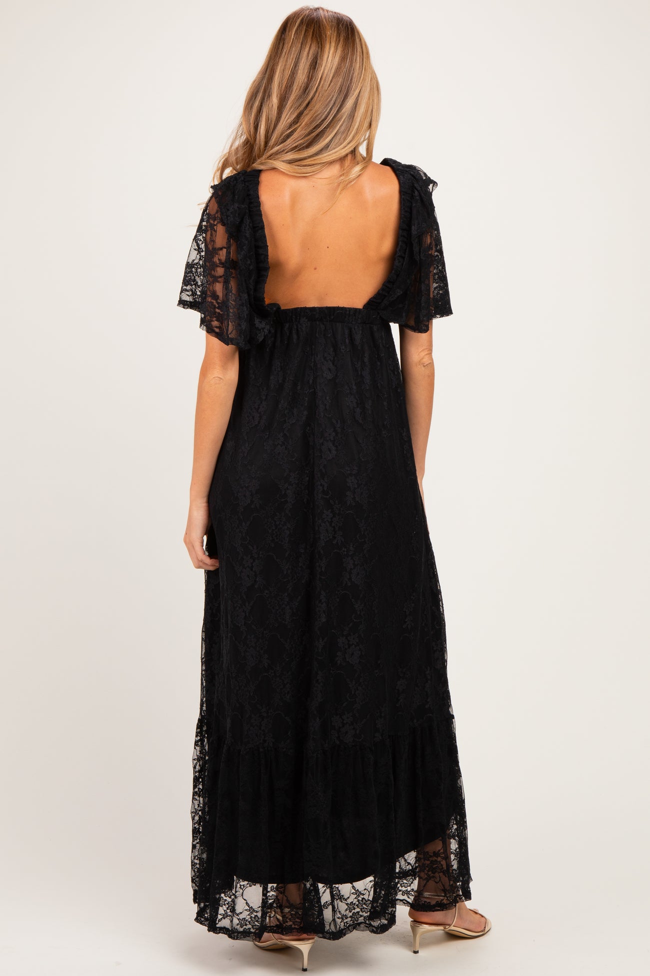 Black Lace Flutter Sleeve Tiered Maternity Maxi Dress