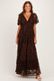 Brown Lace Flutter Sleeve Tiered Maxi Dress