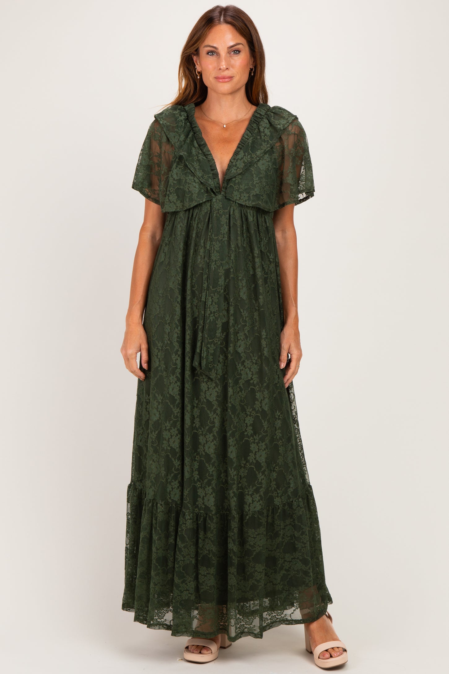 Olive Lace Flutter Sleeve Tiered Maternity Maxi Dress