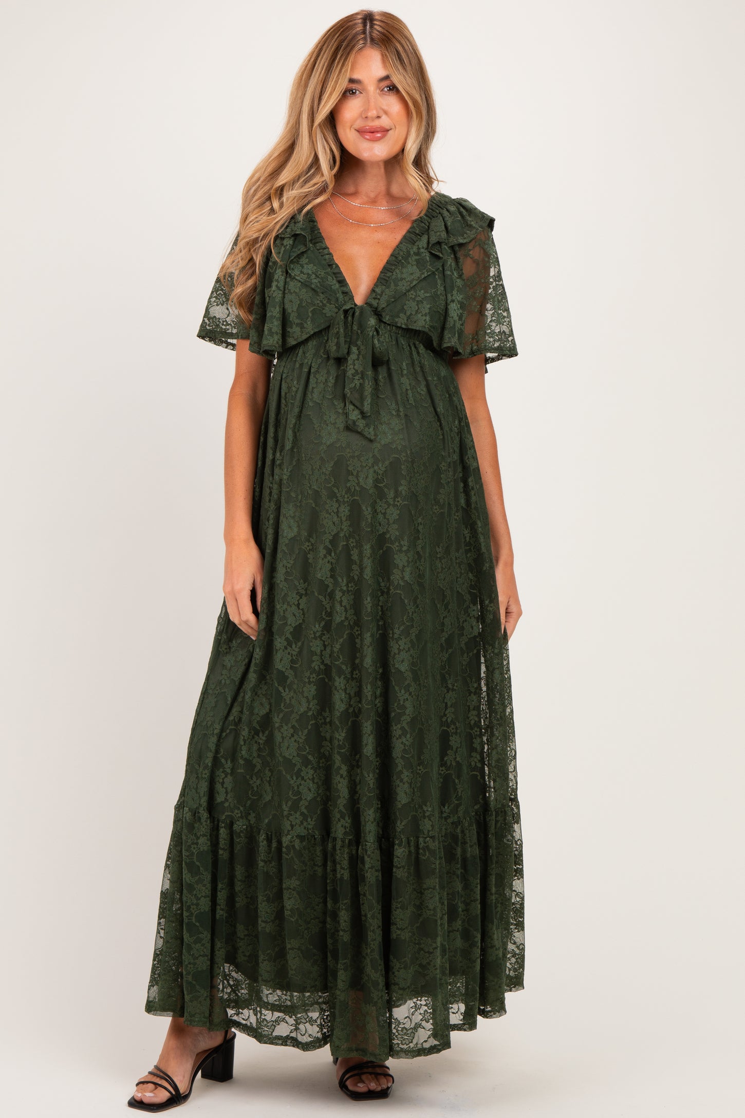 Olive Lace Flutter Sleeve Tiered Maternity Maxi Dress