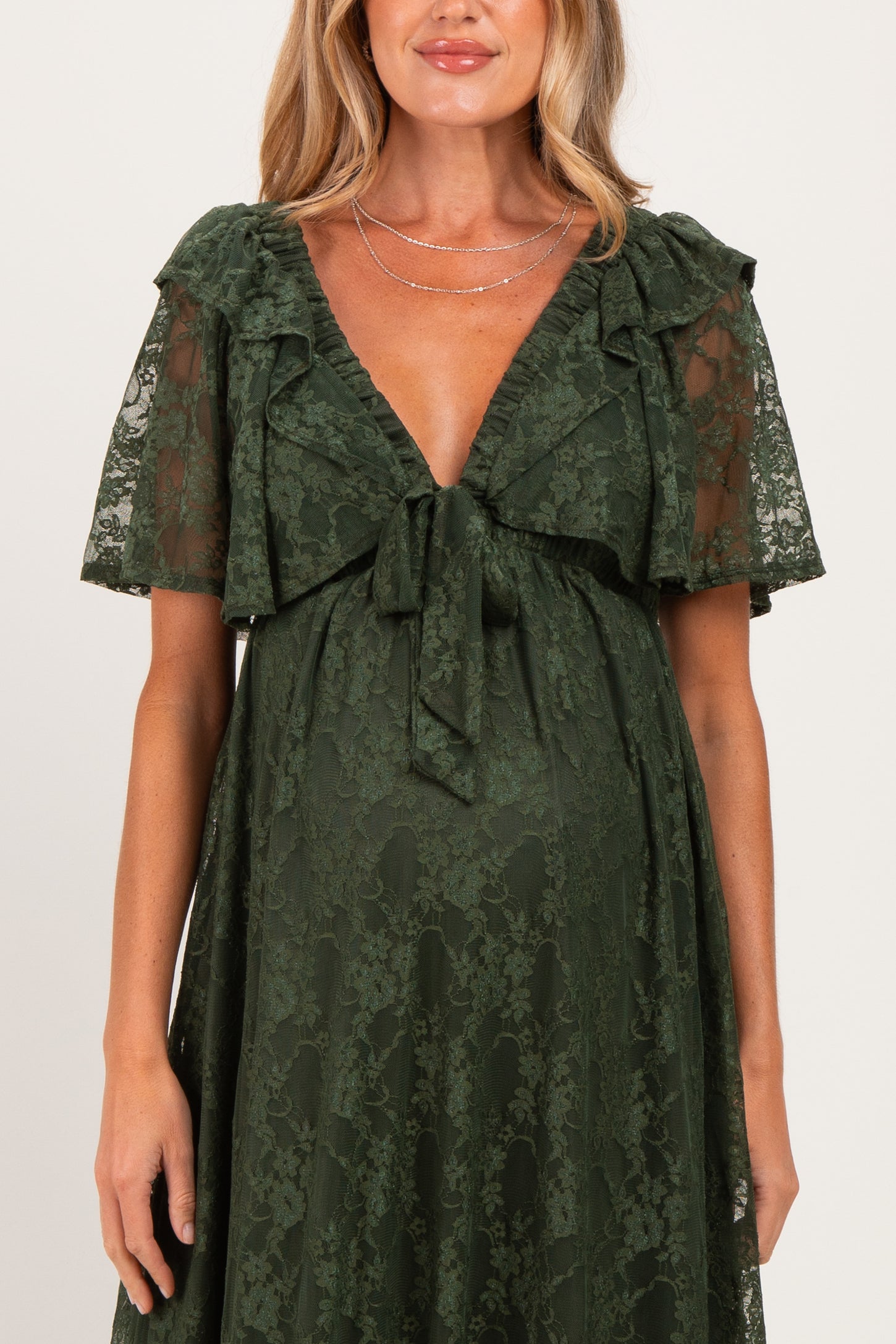 Olive Lace Flutter Sleeve Tiered Maternity Maxi Dress