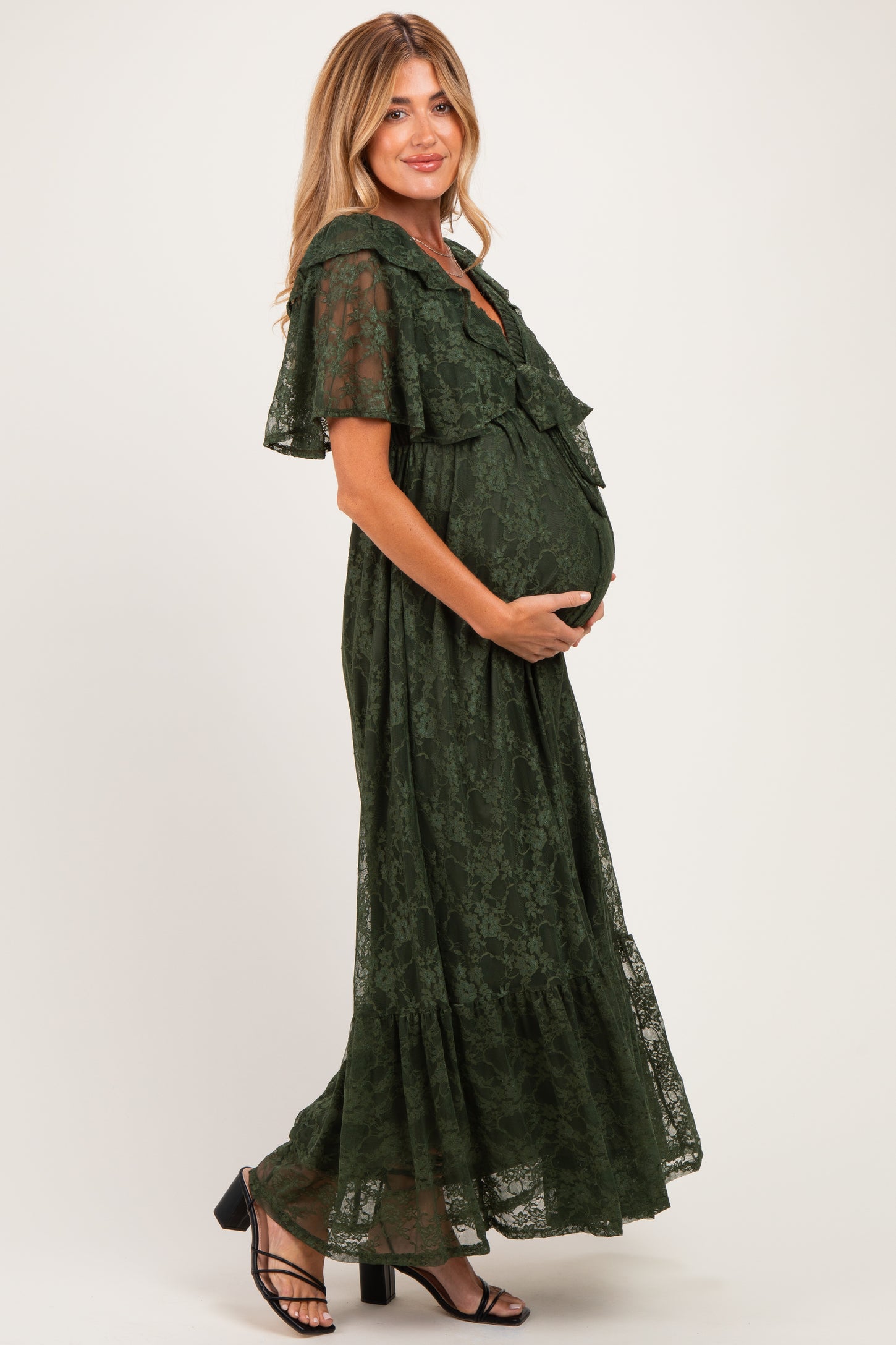 Olive Lace Flutter Sleeve Tiered Maternity Maxi Dress