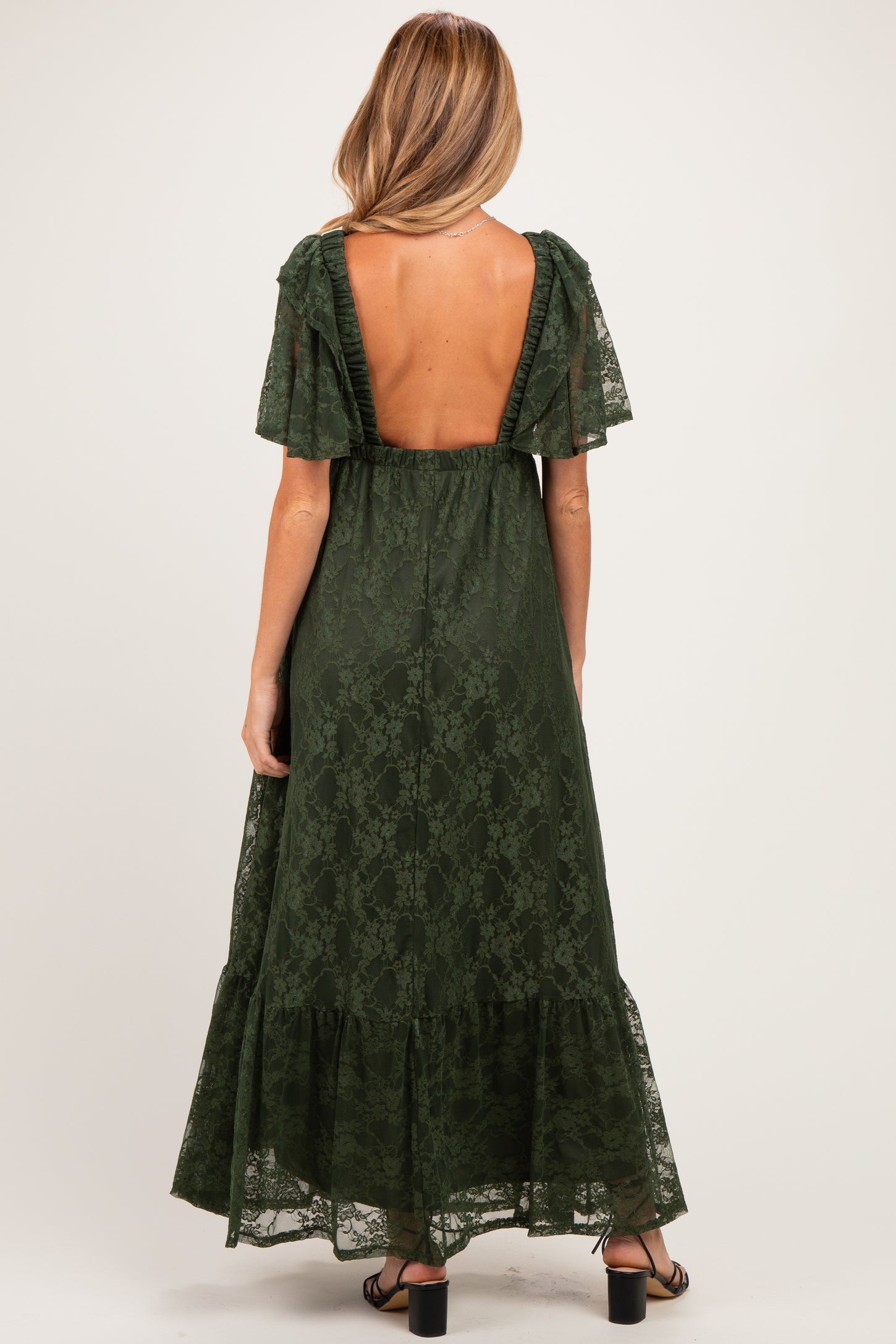 Olive Lace Flutter Sleeve Tiered Maternity Maxi Dress