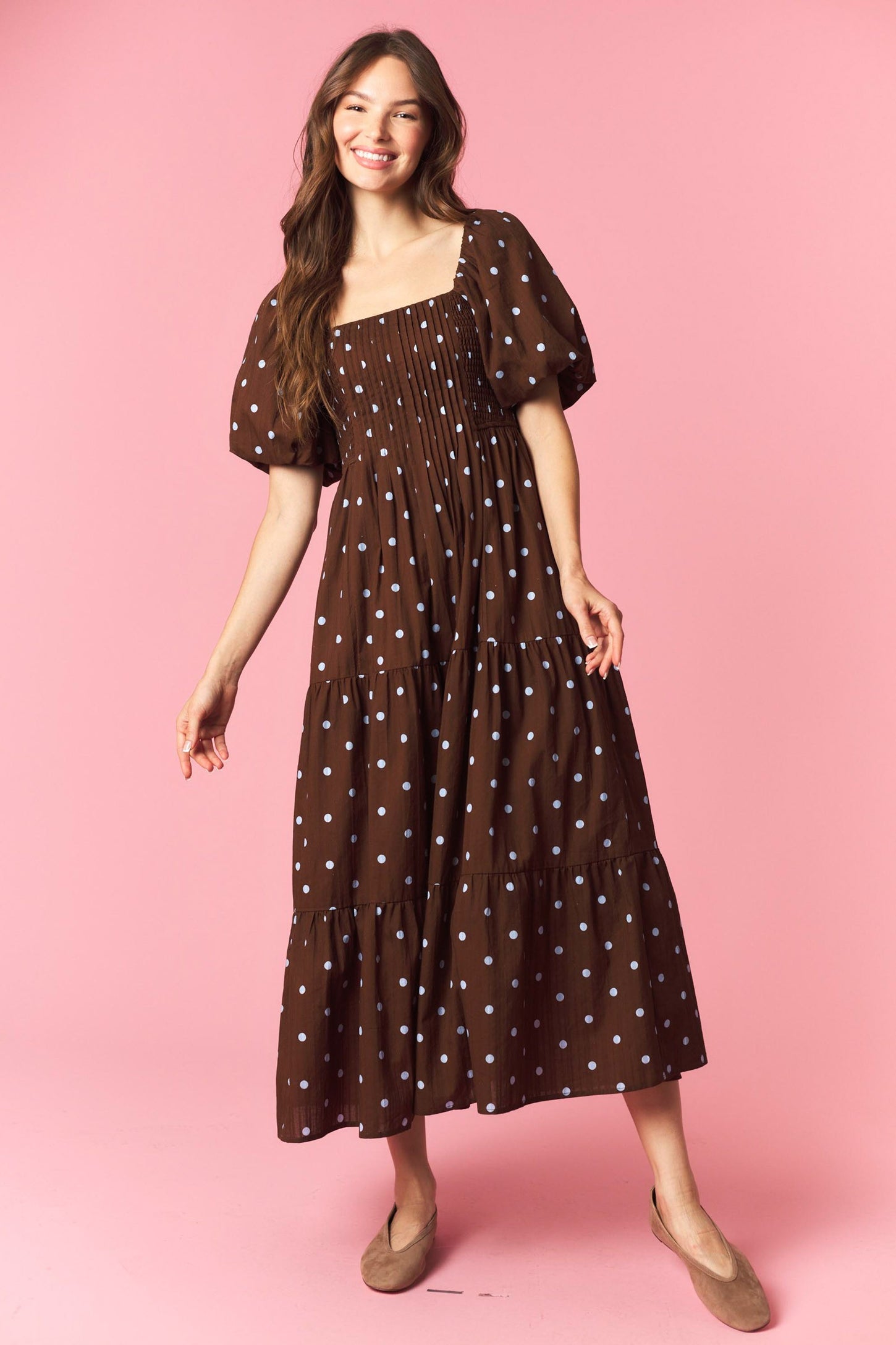 Brown Polka Dot Pleated Bust Midi Dress