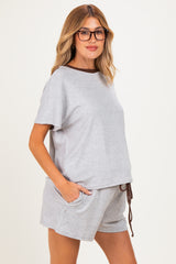 Light Grey Melange Knit Short Sleeve Top Shorts Maternity Set