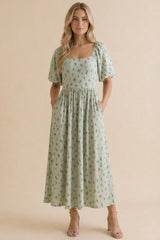 Sage Floral Square Neck Puff Sleeve Maternity Dress