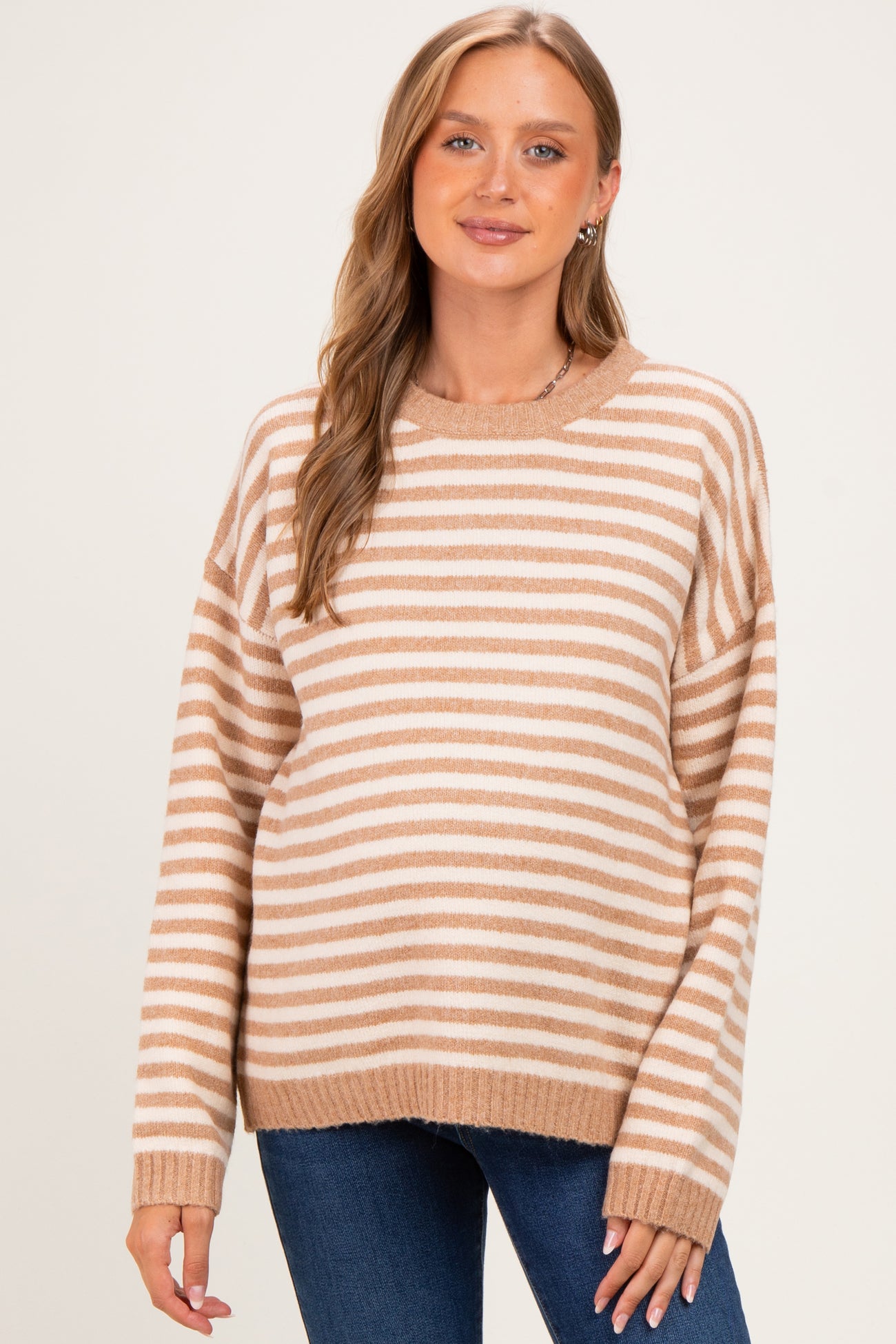 Coffee Brushed Knit Striped Maternity Sweater