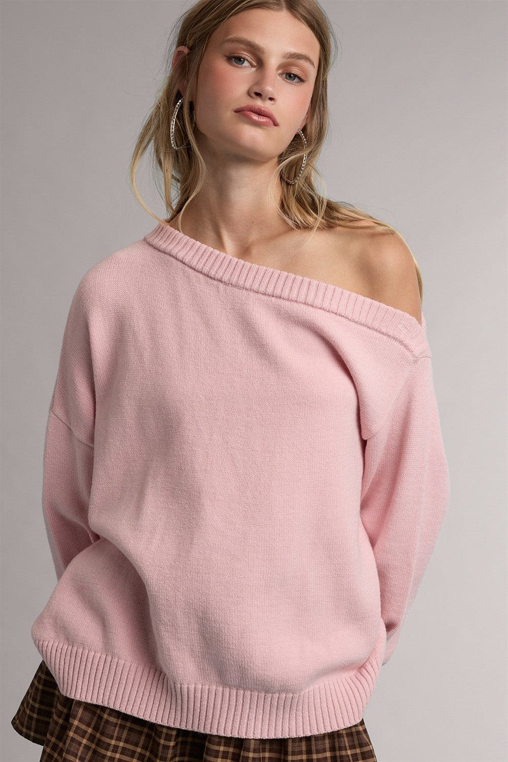 Light Pink Oversized One Shoulder Maternity Sweater