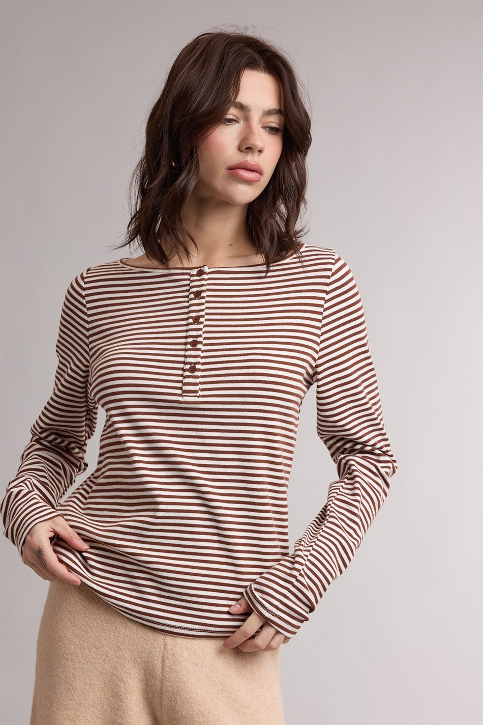Brown Striped Button Henley Maternity Top