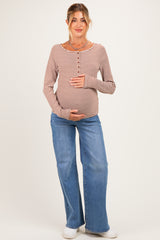 Brown Striped Button Henley Maternity Top
