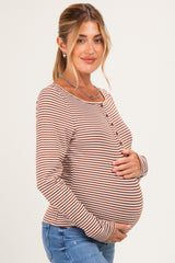 Brown Striped Button Henley Maternity Top