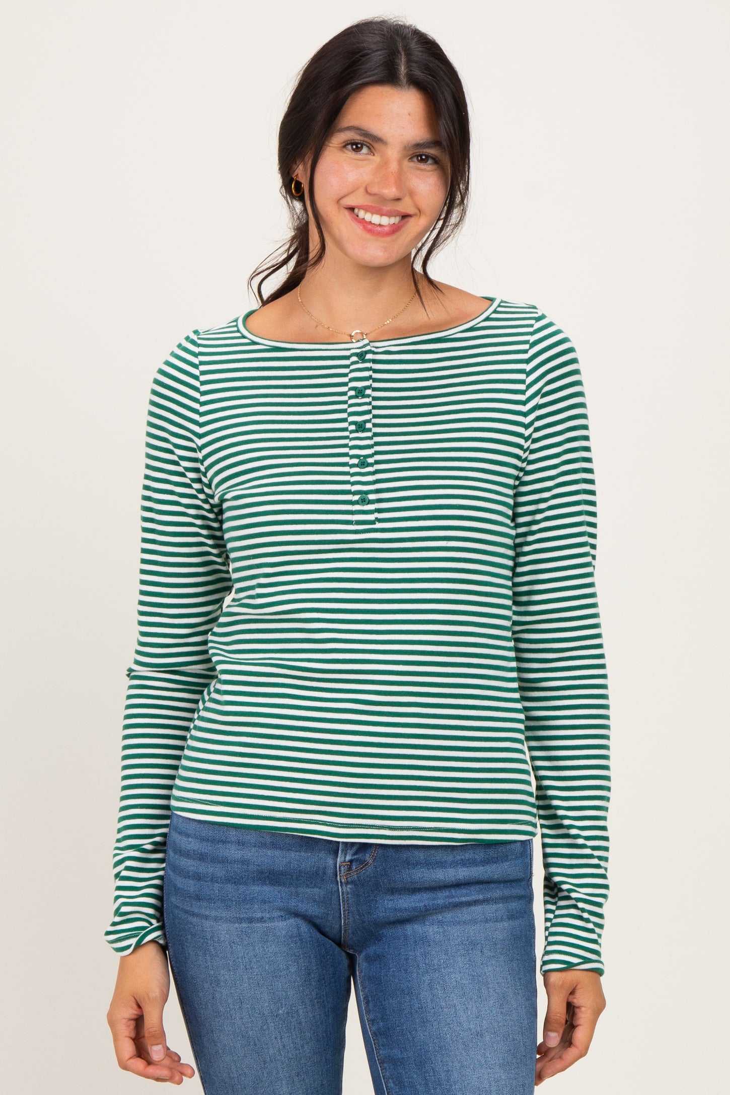 Green Striped Button Henley Maternity Top