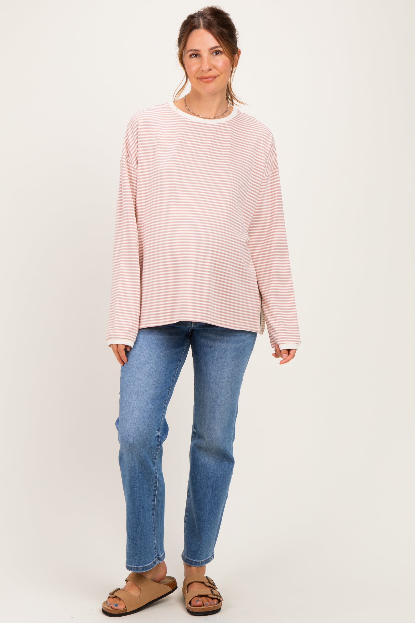 Pink Striped Oversized Maternity Long Sleeve Top