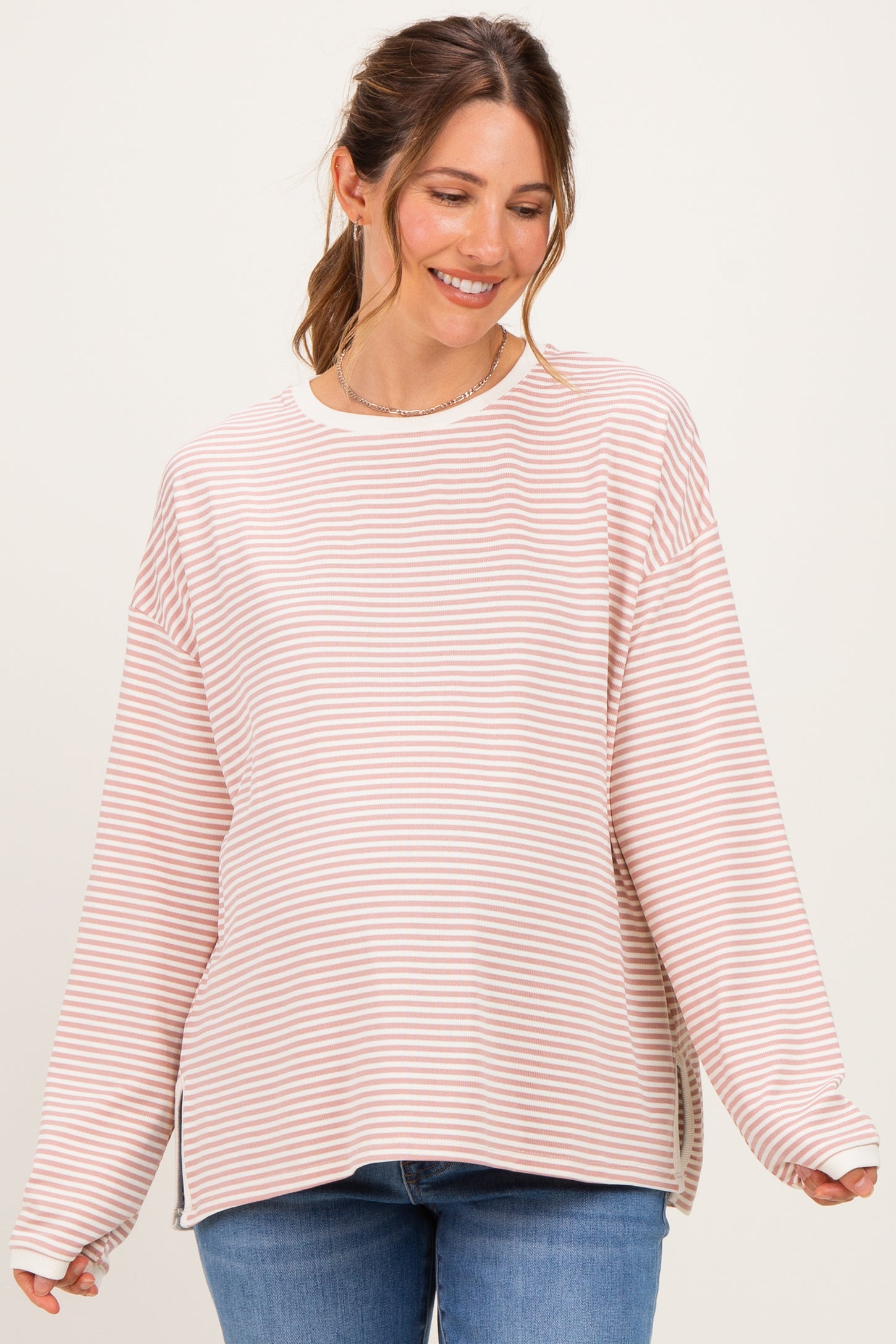 Pink Striped Oversized Maternity Long Sleeve Top