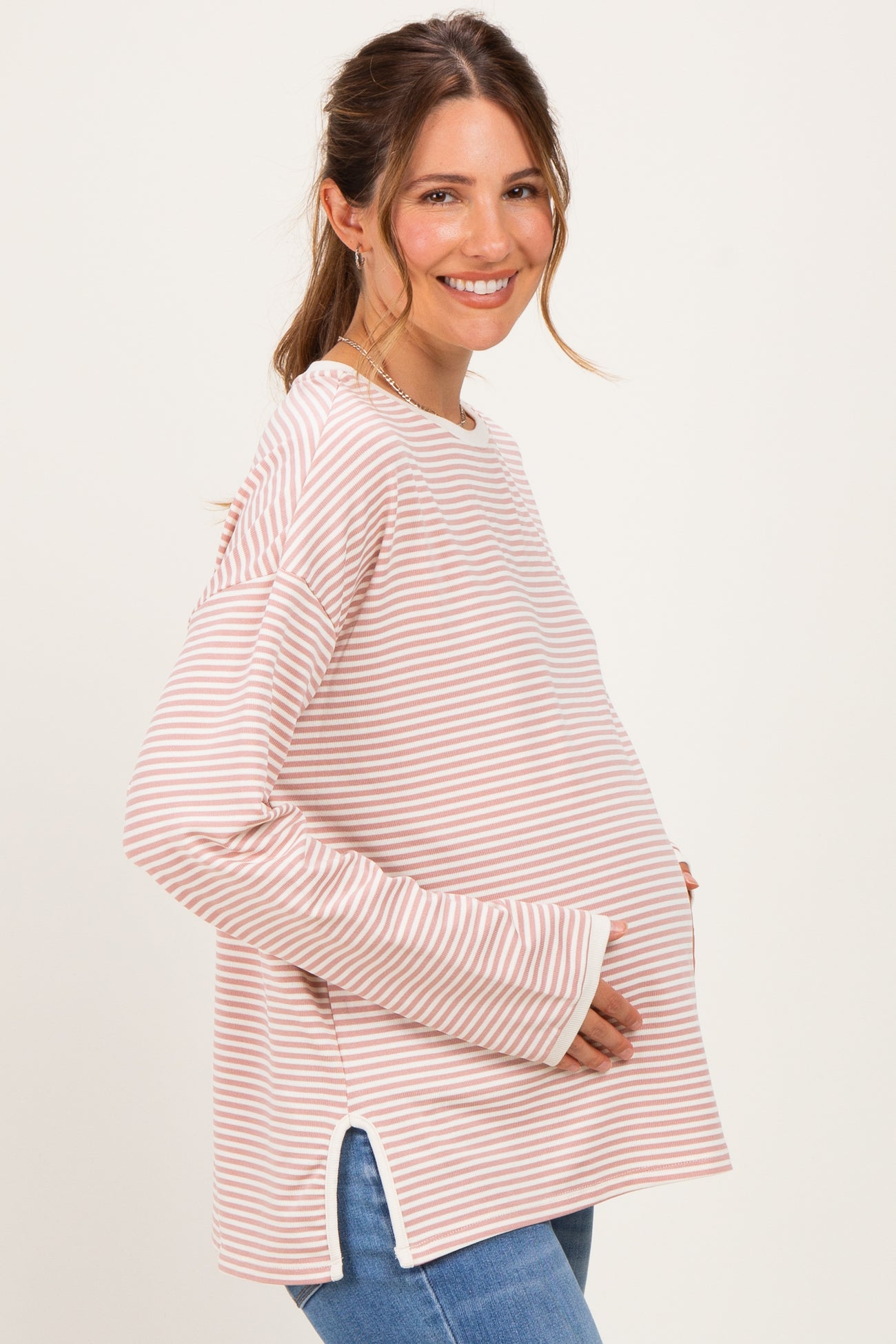 Pink Striped Oversized Maternity Long Sleeve Top