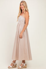 Beige Floral Embroidered Back Cut Out Maxi Dress