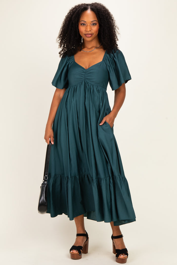 Emerald Flutter Sleeve Ruffle Hem Midi Dress