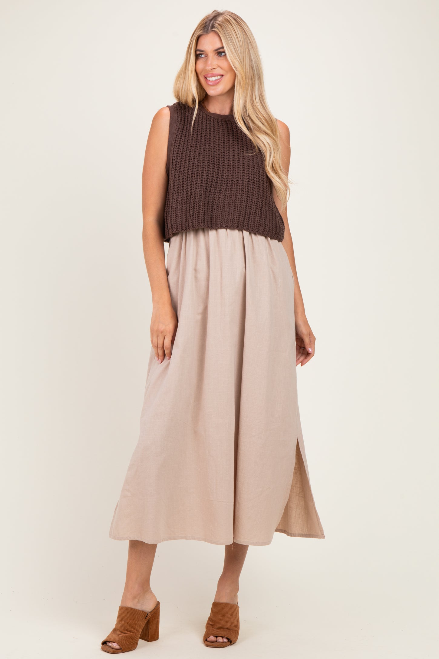 Brown/ Mocha Sleeveless Sweater Top Colorblock Midi Dress
