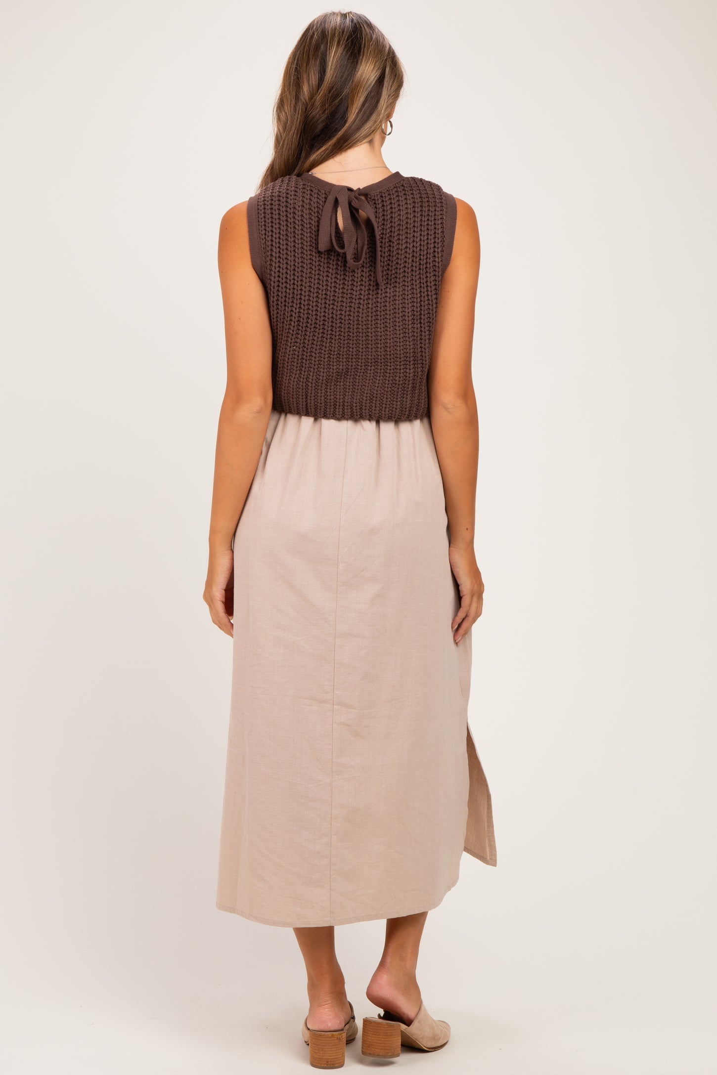 Brown/ Mocha Sleeveless Sweater Top Colorblock Maternity Midi Dress