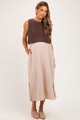 Brown/ Mocha Sleeveless Sweater Top Colorblock Maternity Midi Dress