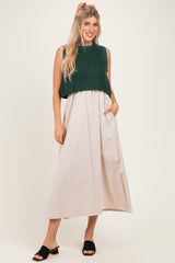 Forest Green/ Taupe Sleeveless Sweater Top Colorblock Maternity Midi Dress