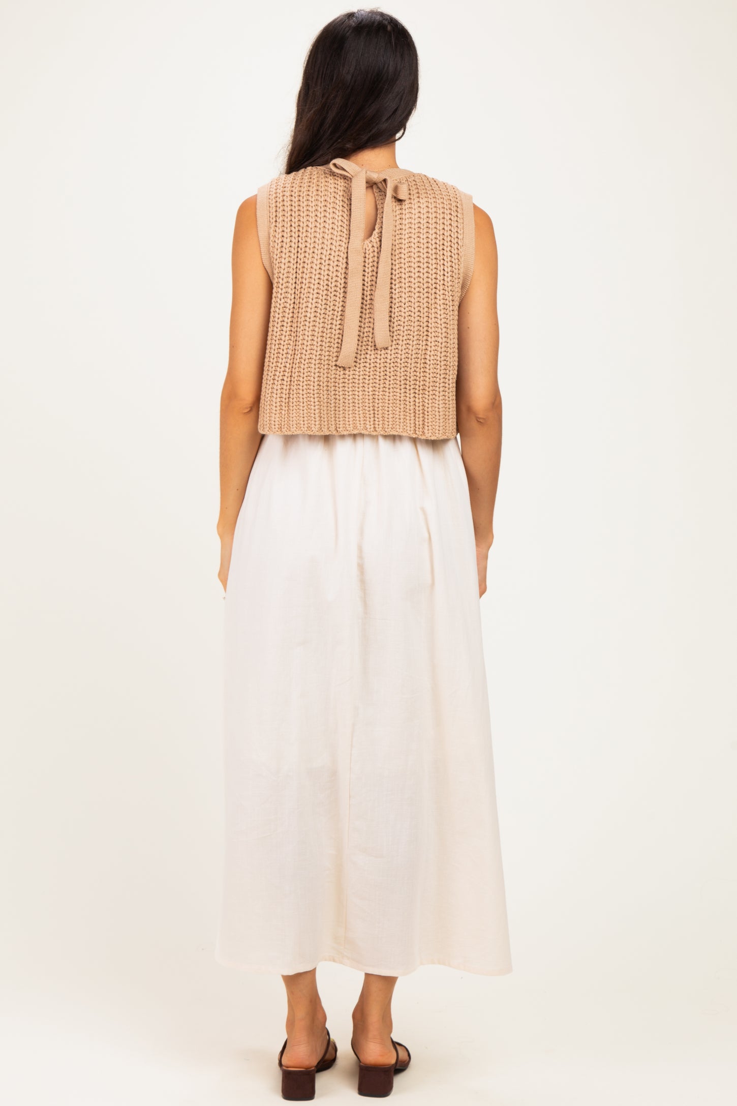 Mocha/ Cream Sleeveless Sweater Top Colorblock Midi Dress