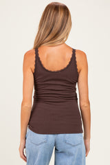 Brown Lace Trim Detail Ribbed Maternity Knit Tank Top