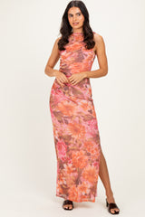 Pink Floral Mesh Ruched Maternity Maxi Dress