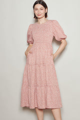 Coral Rose Floral Puff Sleeve Tiered Maternity Midi Dress