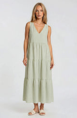Sage Striped V-Neck Sleeveless Tiered Maxi Dress
