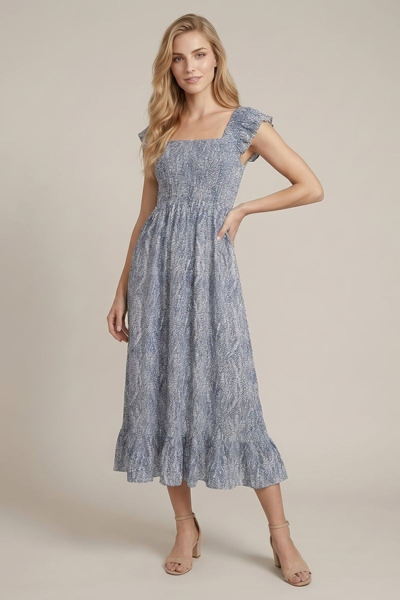 Blue Grey Printed Smocked Maternity Midi Dress