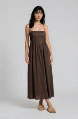 Dark Brown Pintuck Detail Sleeveless Maternity Maxi Dress