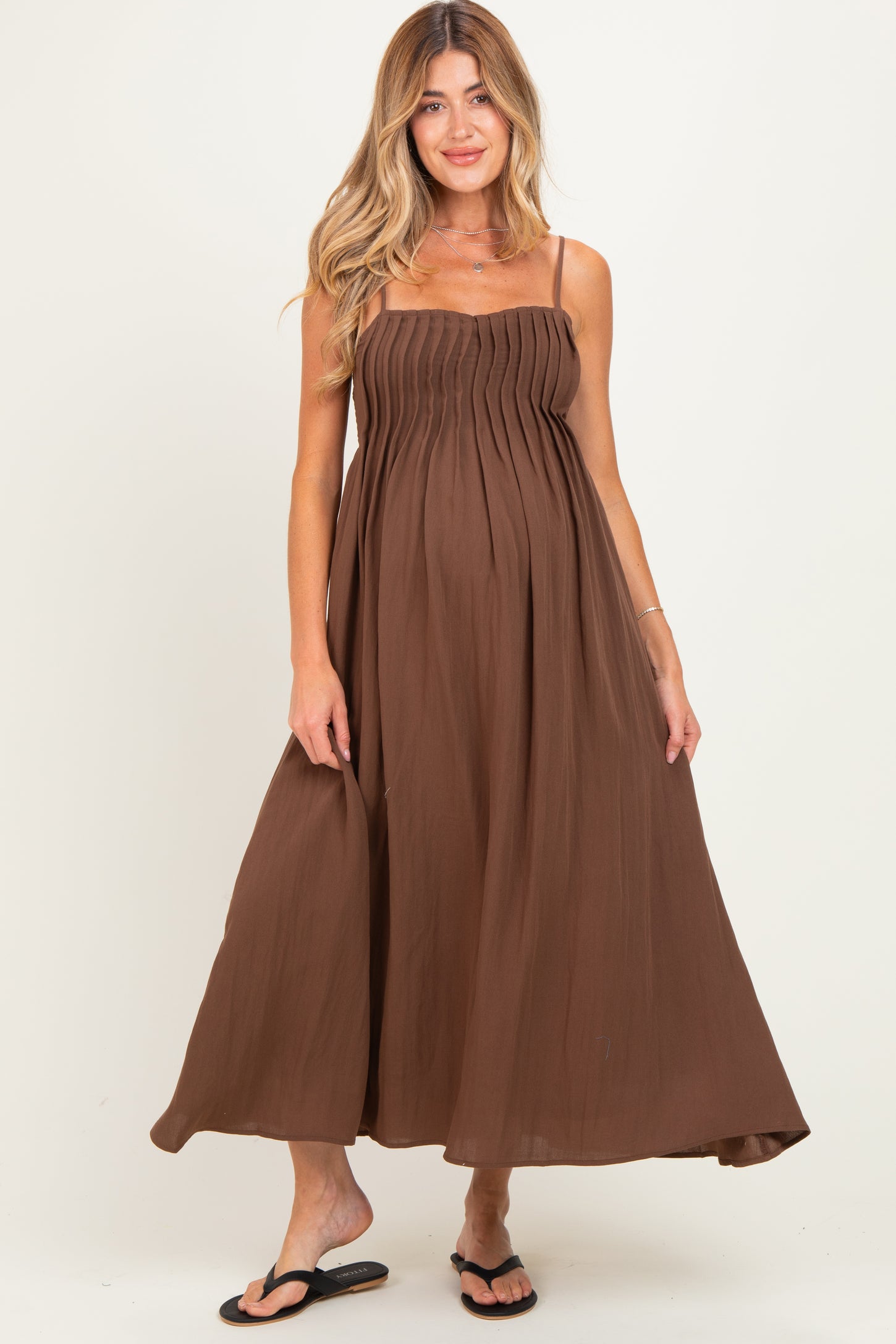 Dark Brown Pintuck Detail Sleeveless Maternity Maxi Dress