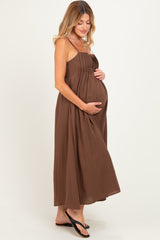 Dark Brown Pintuck Detail Sleeveless Maternity Maxi Dress