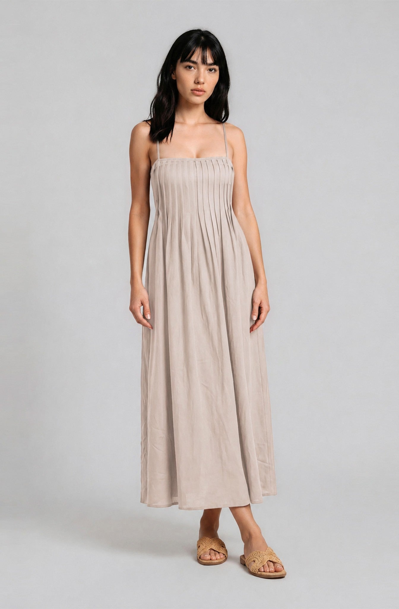 Light Khaki Pintuck Detail Sleeveless Maternity Maxi Dress