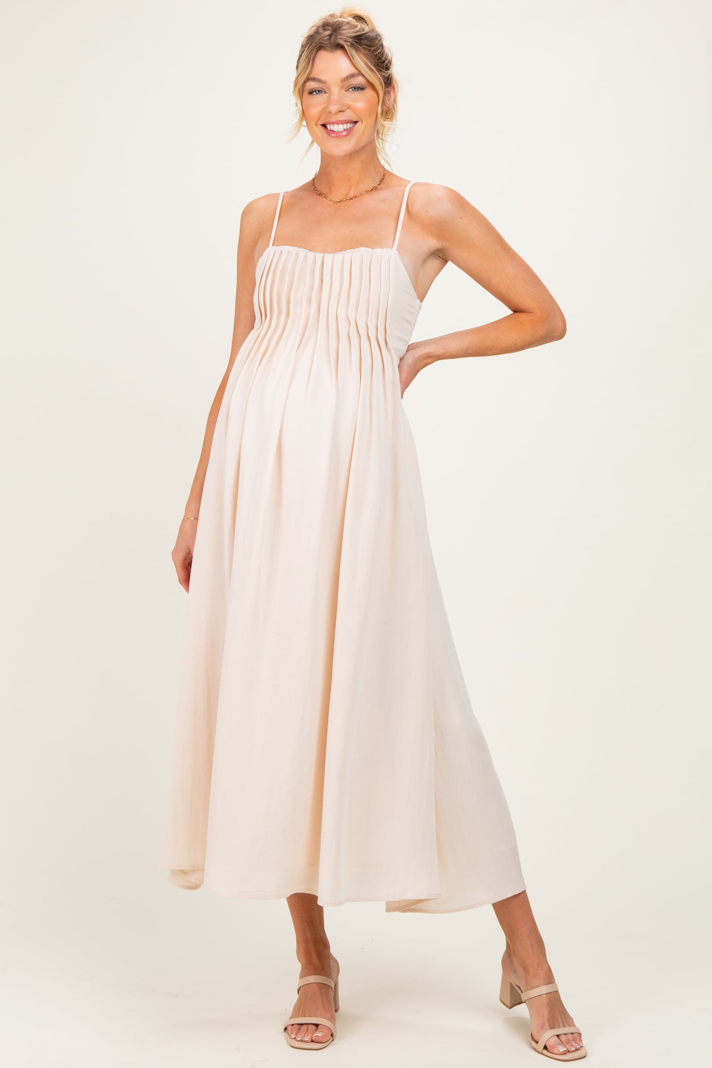 Light Khaki Pintuck Detail Sleeveless Maternity Maxi Dress