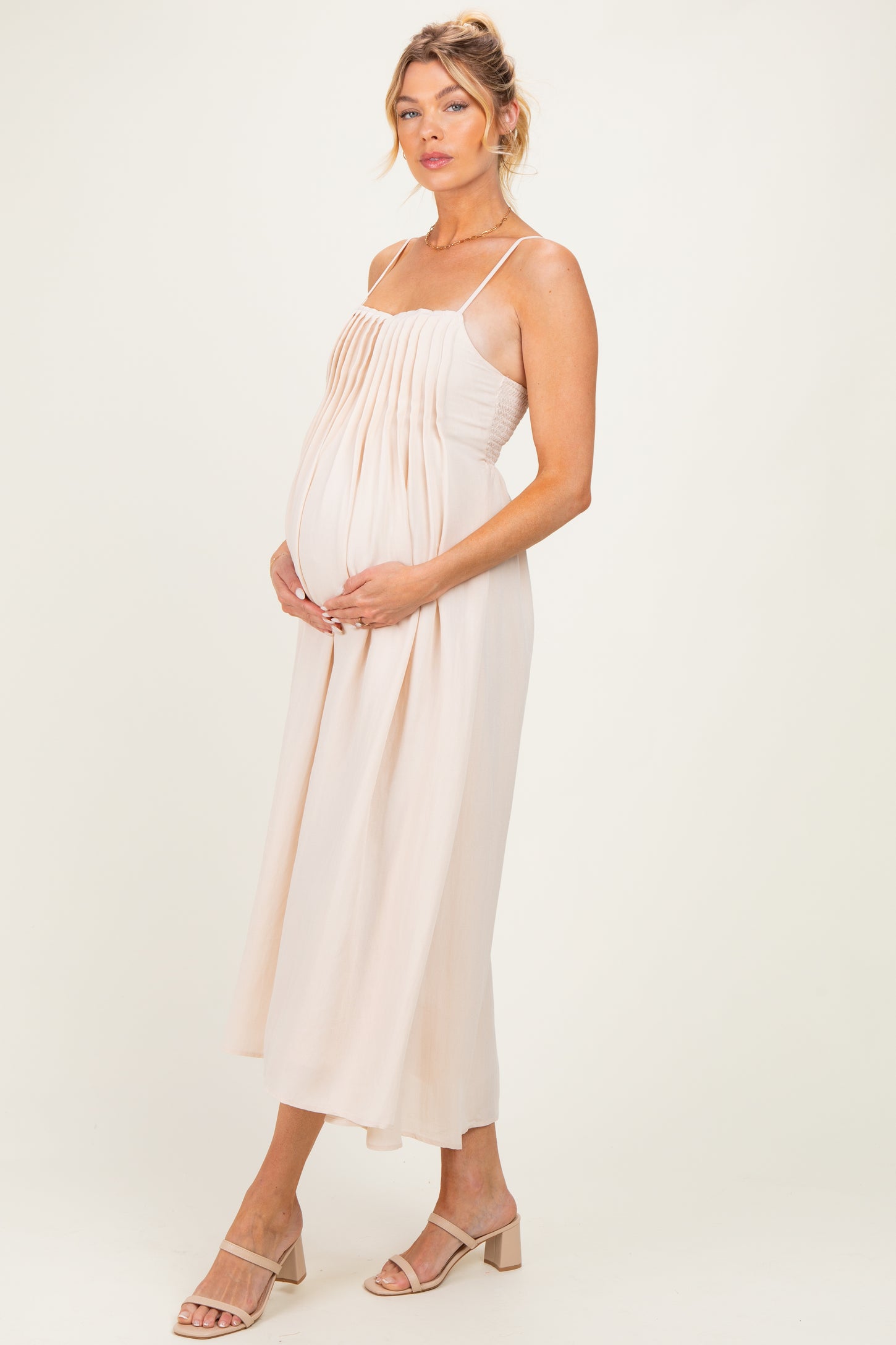 Light Khaki Pintuck Detail Sleeveless Maternity Maxi Dress