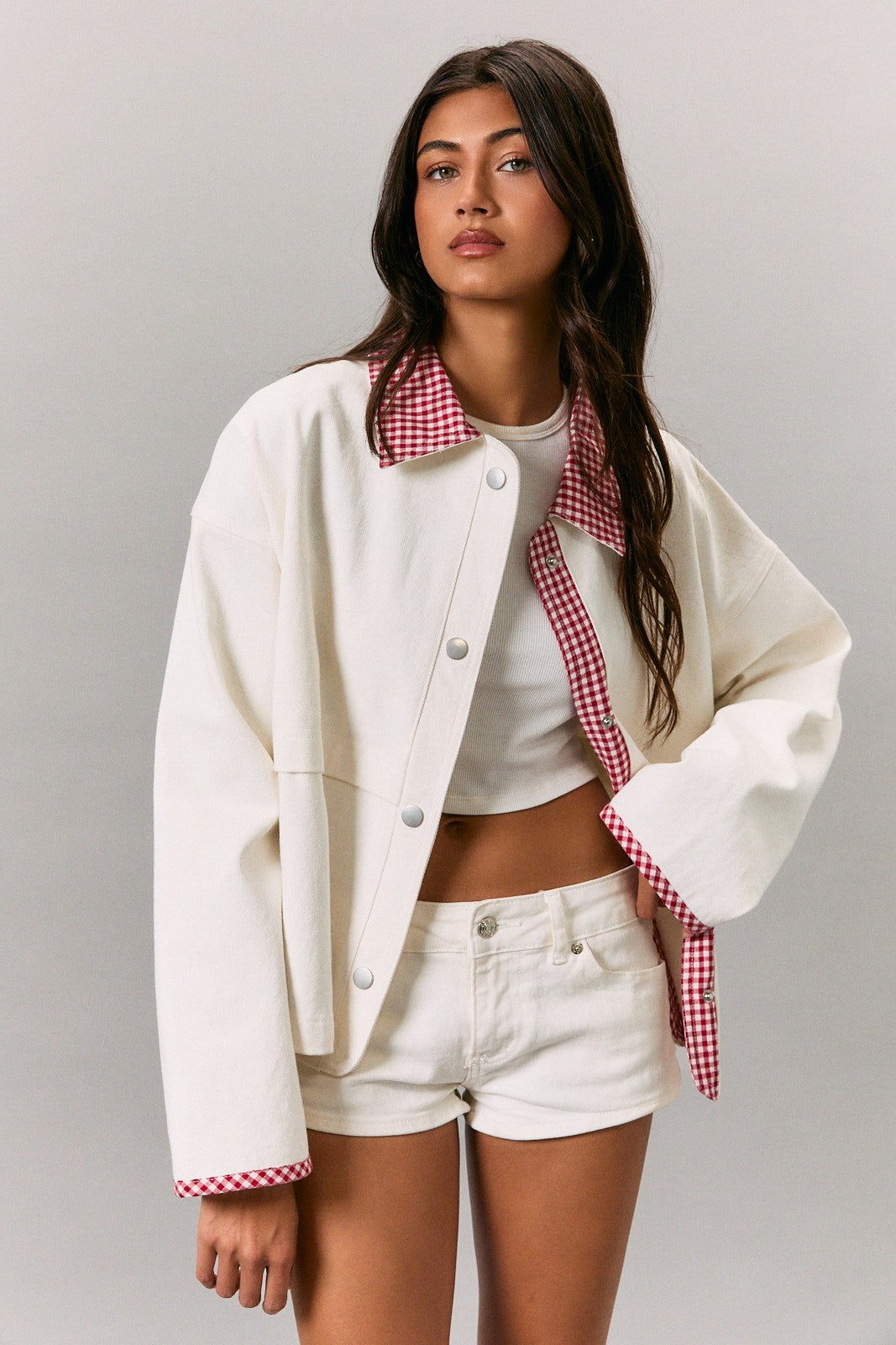 White Red Plaid Contrast Maternity Jacket