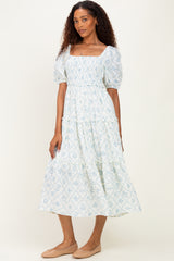 Blue Floral Puff Sleeve Ruffle Tiered Maxi Dress