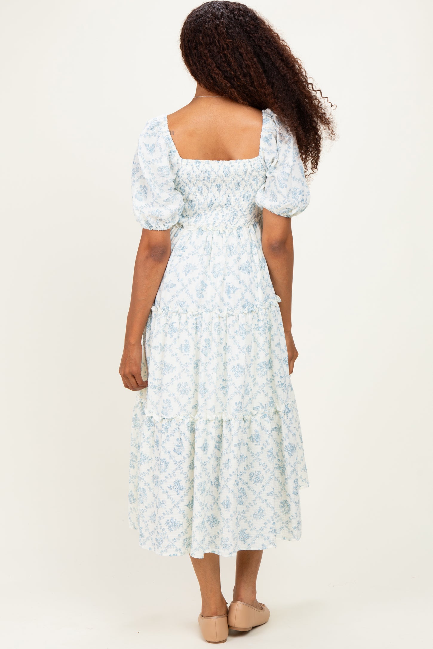 Blue Floral Puff Sleeve Ruffle Tiered Maxi Dress