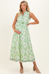 Fern Floral Button Up Tie Waist Maternity Midi Dress