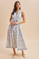 French Blue Floral Button Up Tie Waist Midi Dress