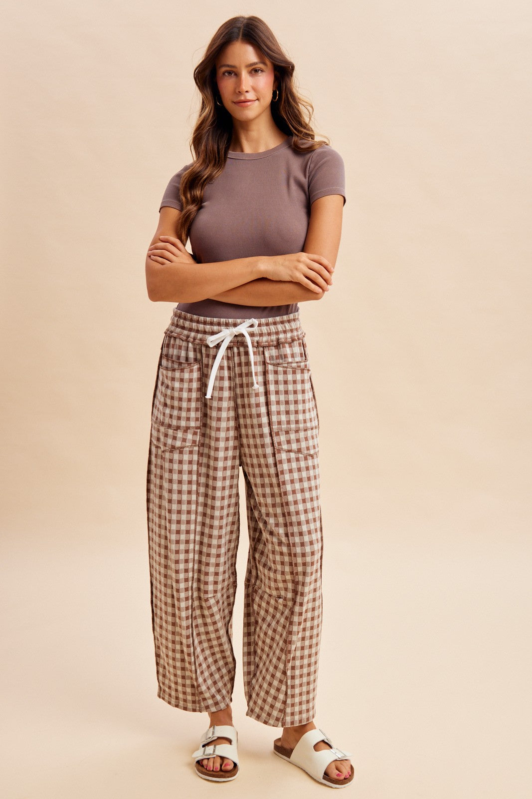 Mocha Gingham Barrel Leg Pants