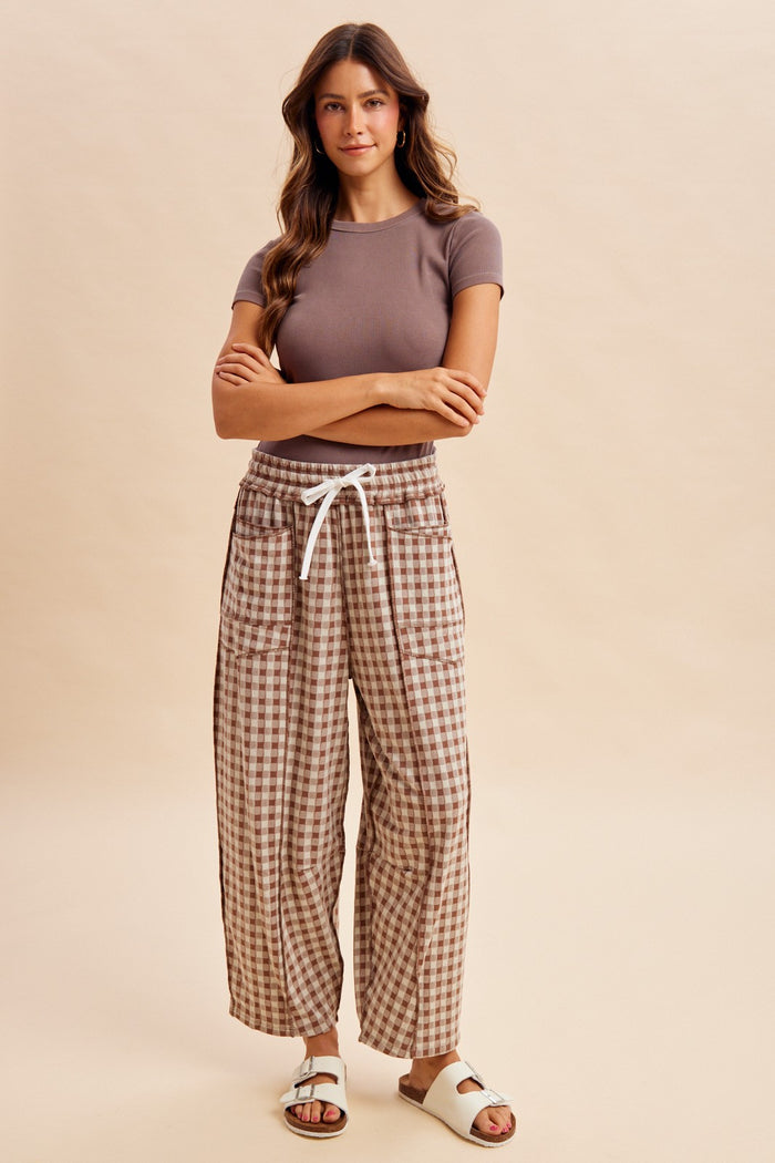 Mocha Gingham Barrel Leg Maternity Pants
